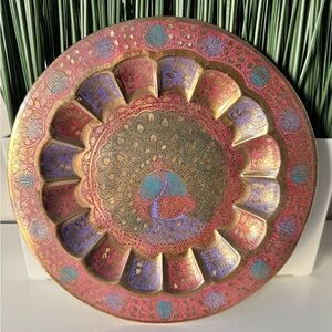 Vintage Brass Plate Enameled Etched Peacocks & Floral Hangable 7.5" Inches